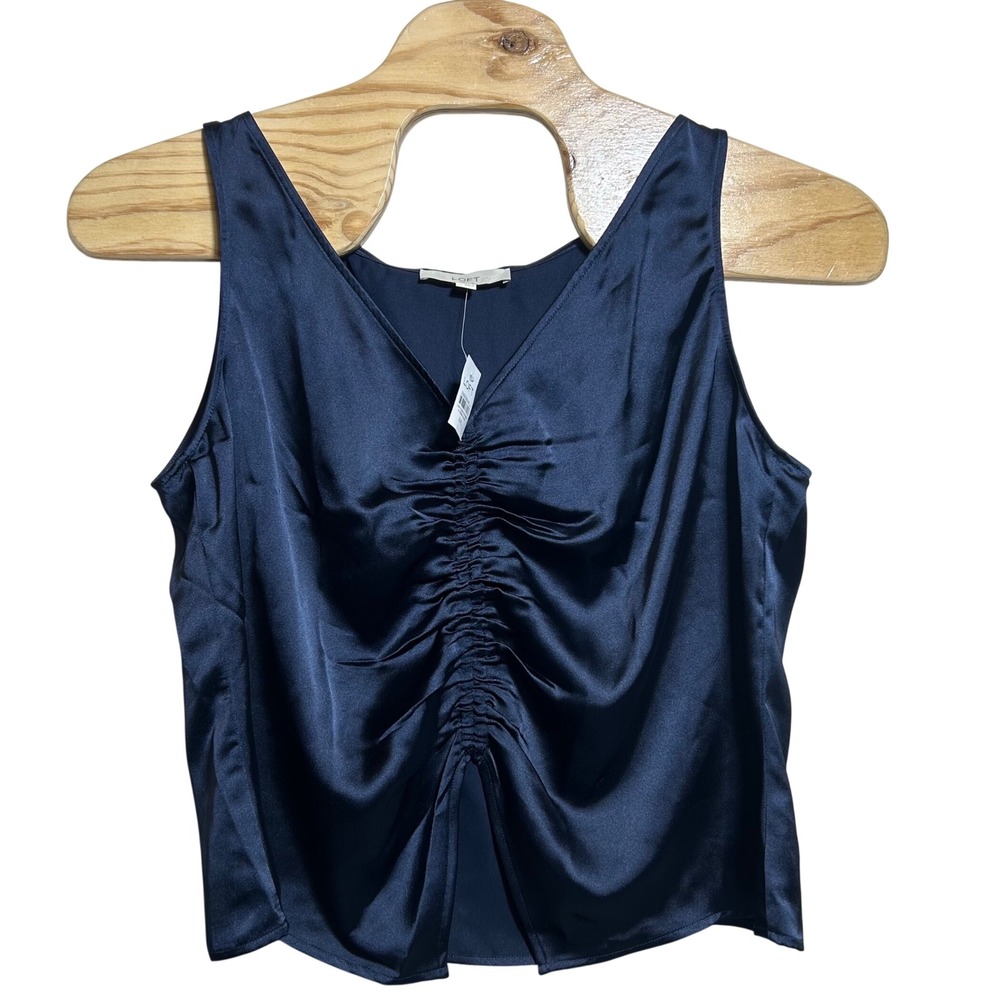 NEW LOFT Navy Blue Satin Ruched Front V-Neck Tank Top XXL